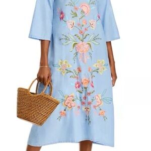Johnny Was “Camellia” Light Blue Embroidered Floral Cotton Dress Size Small